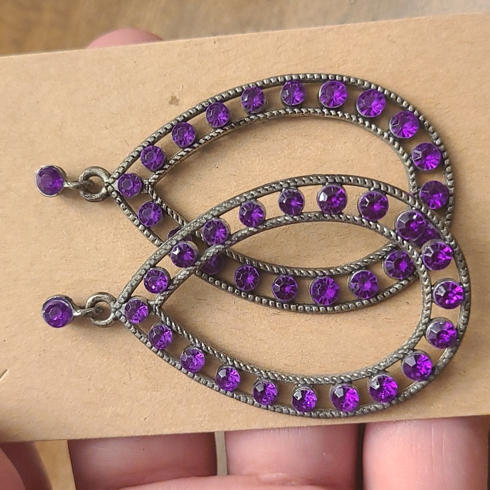 Purple Rhinestone Teardrop Earrings - Picture 4 of 4